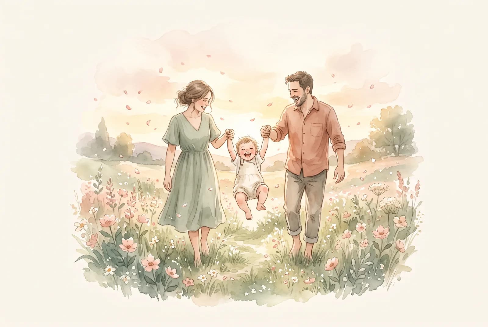 Watercolour of two parents swinging a child by the hands through a blossom meadow