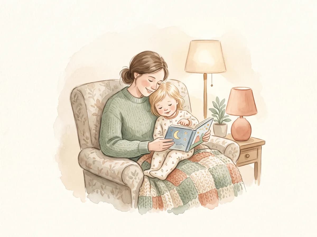 Watercolour of a parent and child reading together under a blanket